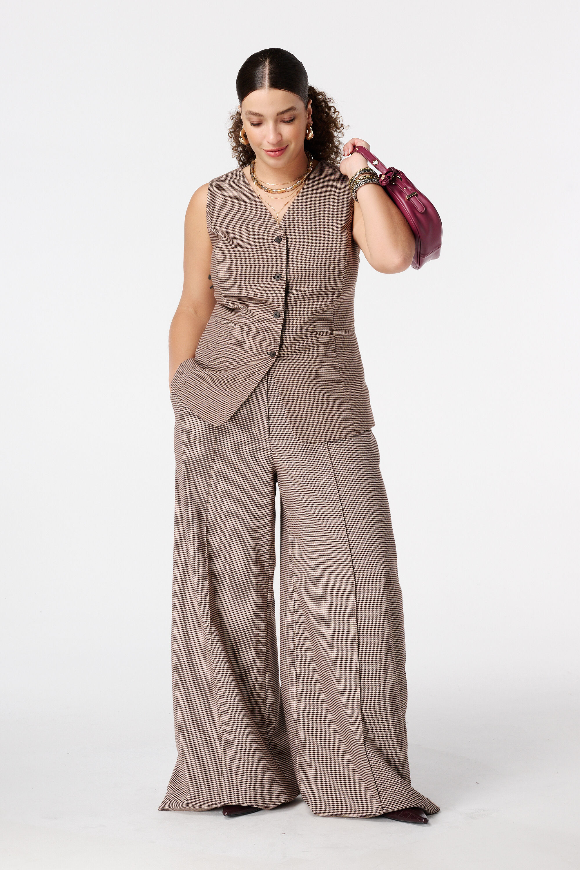 Chaleco largo con estampado de cuadros image number 3