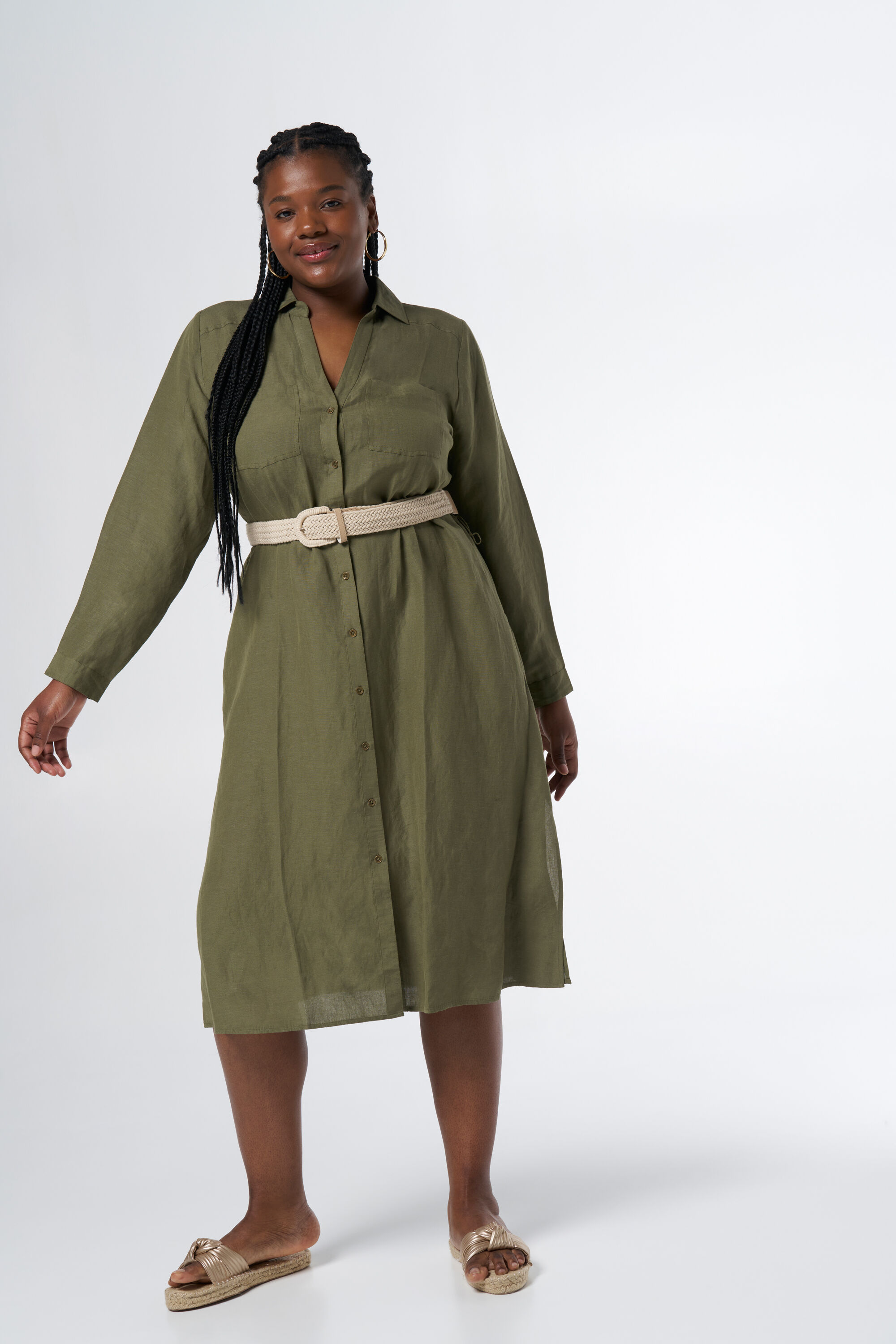 Vestido midi de lino con cinto image number 6