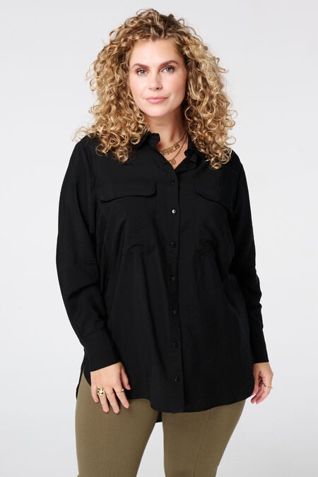 Blusa de largo medio con bolsillos decorativos Blusa de largo medio con bolsillos decorativos