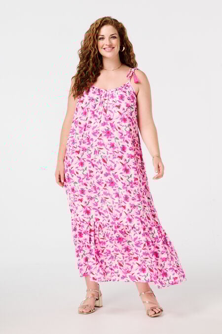 Vestido largo con estampado y pompones Vestido largo con estampado y pompones