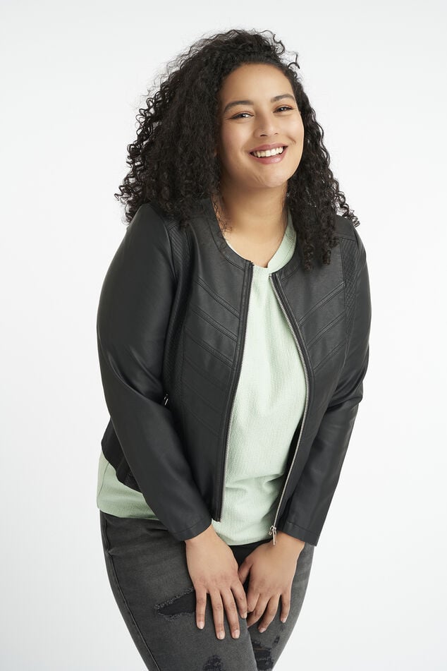 Chaqueta motera de cuero sintético con cuello redondo image number 0