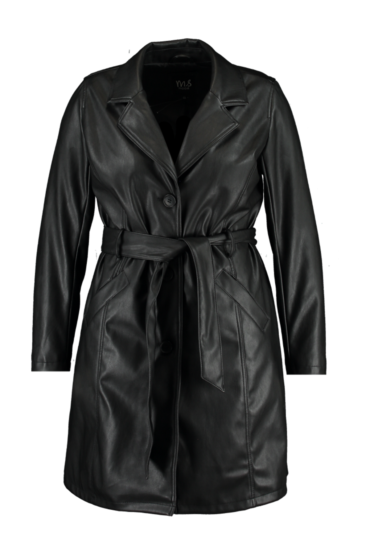 Mujeres Abrigo tres cuartos de cuero sintético con cinturón Negro en MS